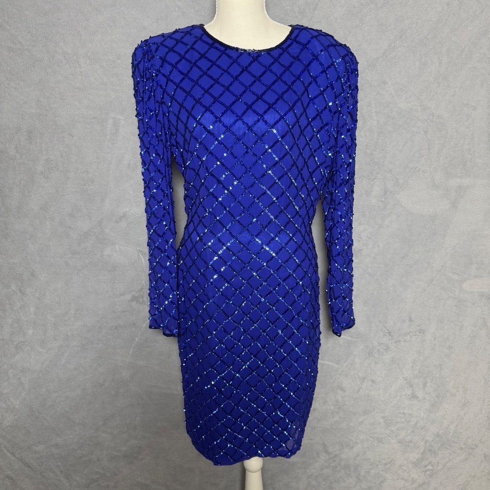 Niteline Size 16 Vintage 90s Blue Silk Beaded Sequin Sheath Dress
